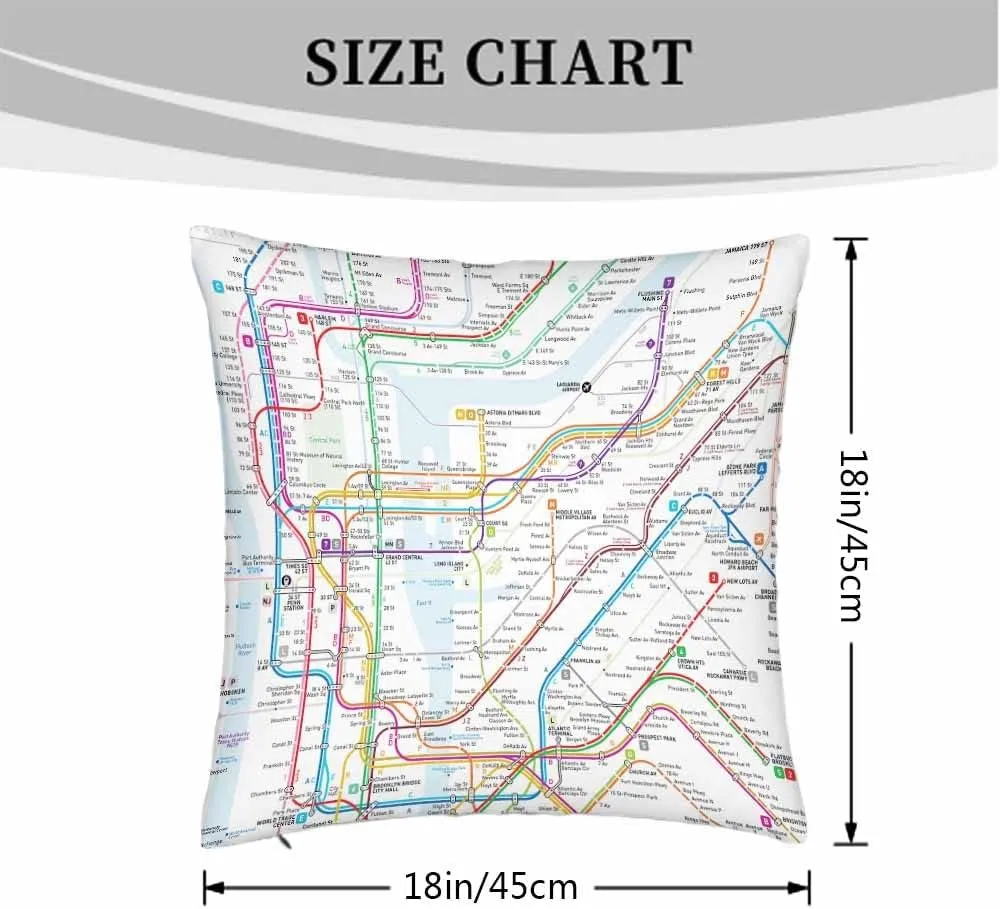 Throw Pillow Covers New York Subway Map Route Red Blue Orange Purple Green Pink Soft Decorative Square,Pack of 2 Cushion Case for Sofa Bedroom Car 18X18 Inch 45X45 Cm