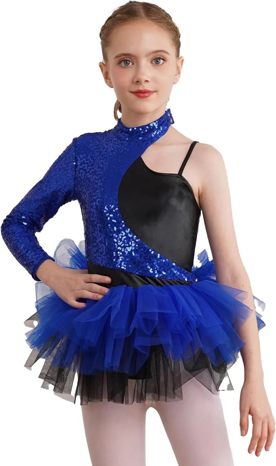 TiaoBug Girls Sequins Asymmetrical Sleeves Ballet Leotard Dress Lyrical Jazz Latin Modern Samba Performance Costume