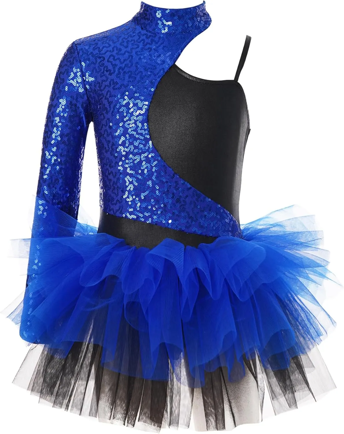 TiaoBug Girls Sequins Asymmetrical Sleeves Ballet Leotard Dress Lyrical Jazz Latin Modern Samba Performance Costume