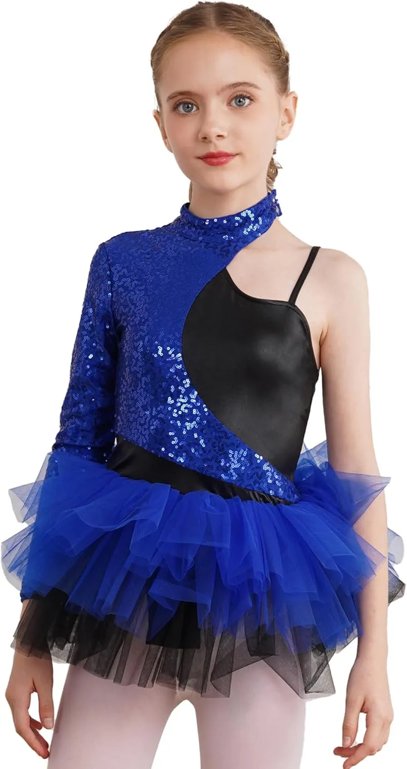 TiaoBug Girls Sequins Asymmetrical Sleeves Ballet Leotard Dress Lyrical Jazz Latin Modern Samba Performance Costume