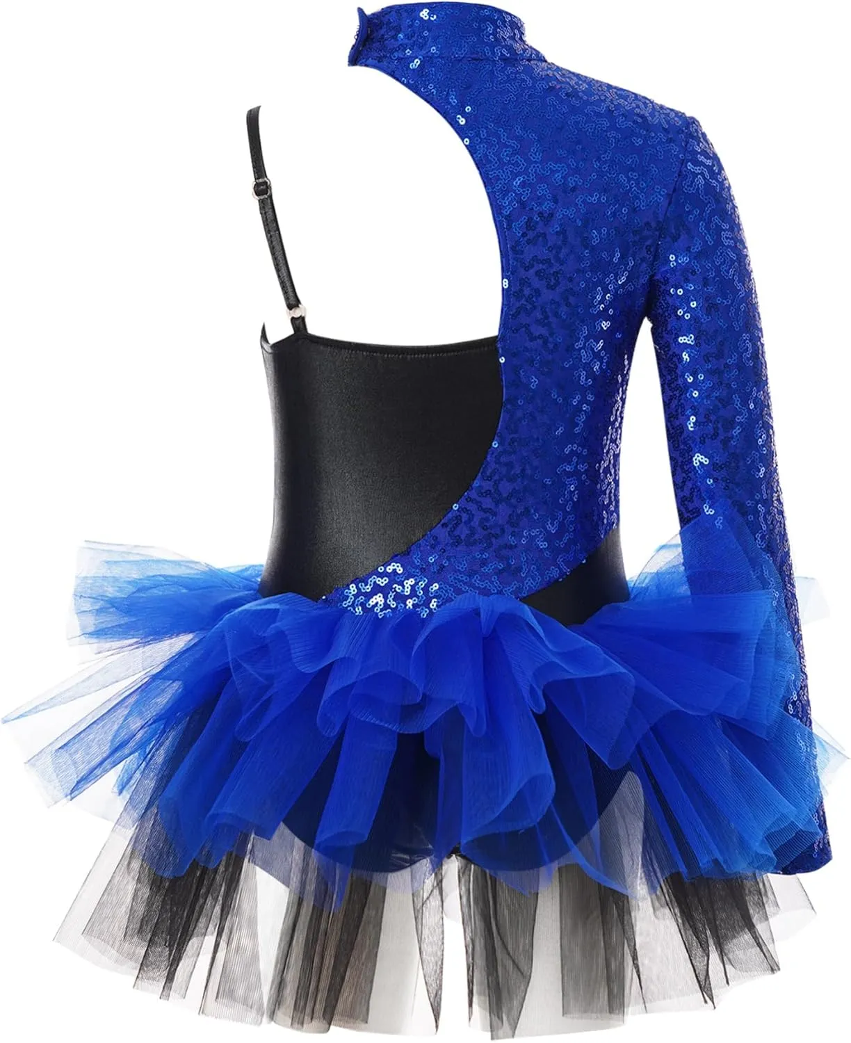 TiaoBug Girls Sequins Asymmetrical Sleeves Ballet Leotard Dress Lyrical Jazz Latin Modern Samba Performance Costume