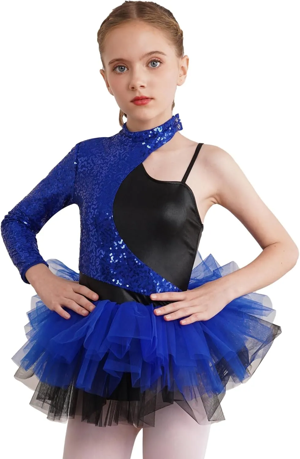 TiaoBug Girls Sequins Asymmetrical Sleeves Ballet Leotard Dress Lyrical Jazz Latin Modern Samba Performance Costume