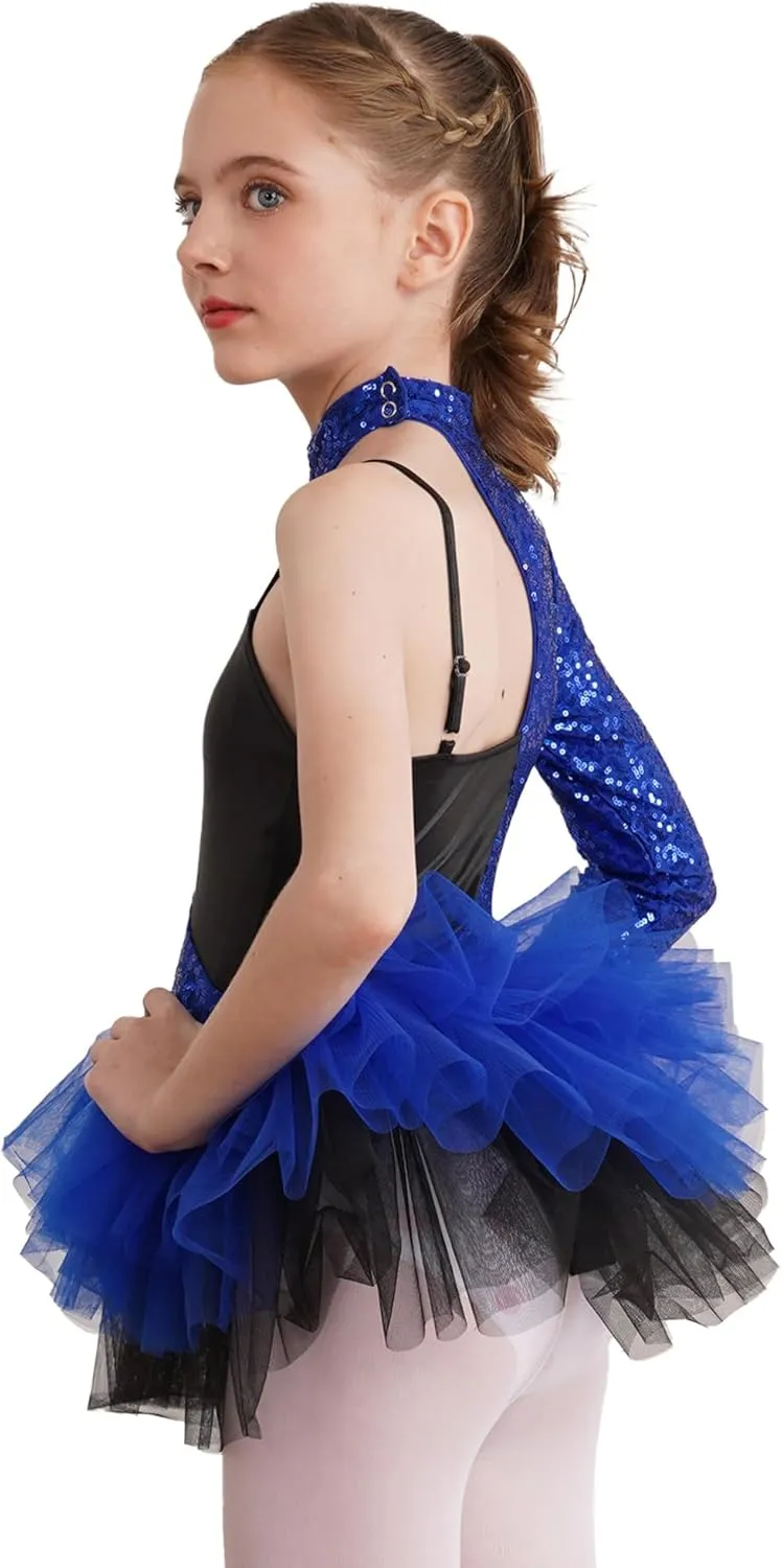 TiaoBug Girls Sequins Asymmetrical Sleeves Ballet Leotard Dress Lyrical Jazz Latin Modern Samba Performance Costume