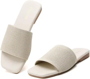 Tilocow Knitted Flat Sandals For women Square Open Toe Slide Sandals Casual Summer Shoes
