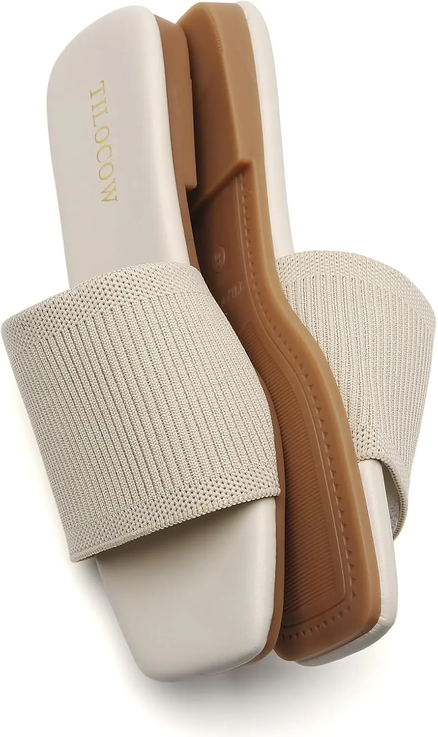 Tilocow Knitted Flat Sandals For women Square Open Toe Slide Sandals Casual Summer Shoes