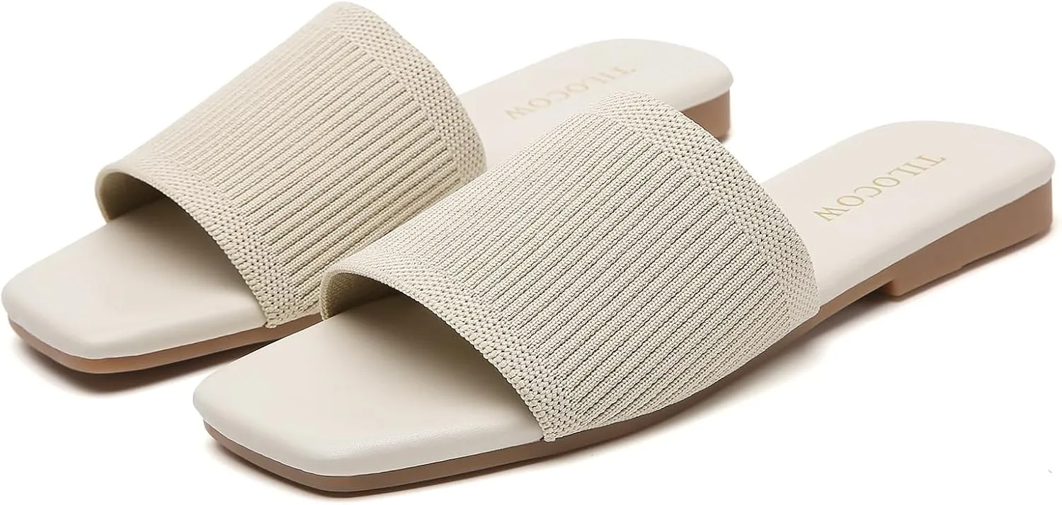 Tilocow Knitted Flat Sandals For women Square Open Toe Slide Sandals Casual Summer Shoes