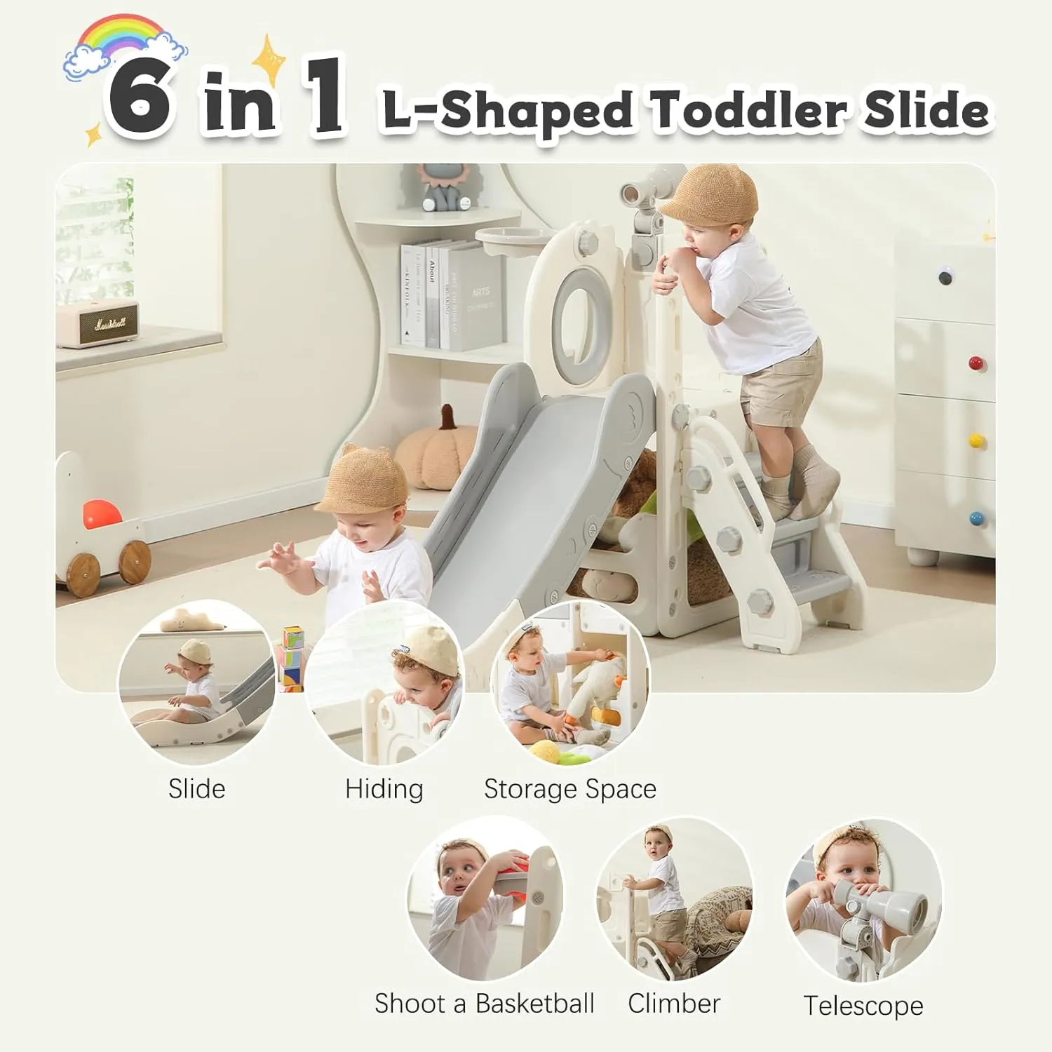 Toddler Slide, 6 in 1 Indoor Foldable Kids Slide for Toddlers Age 1-3, Extra-Long Slide with Basketball Hoop Indoor and Outdoor Baby Climber Playset Playground, Climber Playset with Telescope1