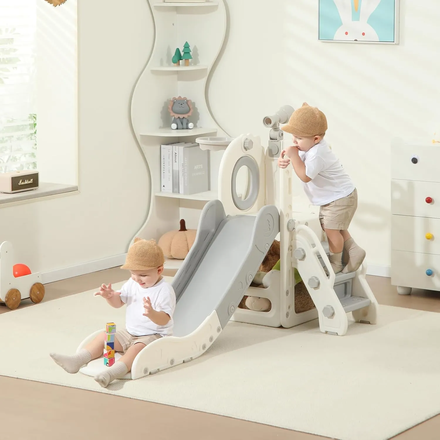 Toddler Slide, 6 in 1 Indoor Foldable Kids Slide for Toddlers Age 1-3, Extra-Long Slide with Basketball Hoop Indoor and Outdoor Baby Climber Playset Playground, Climber Playset with Telescope1