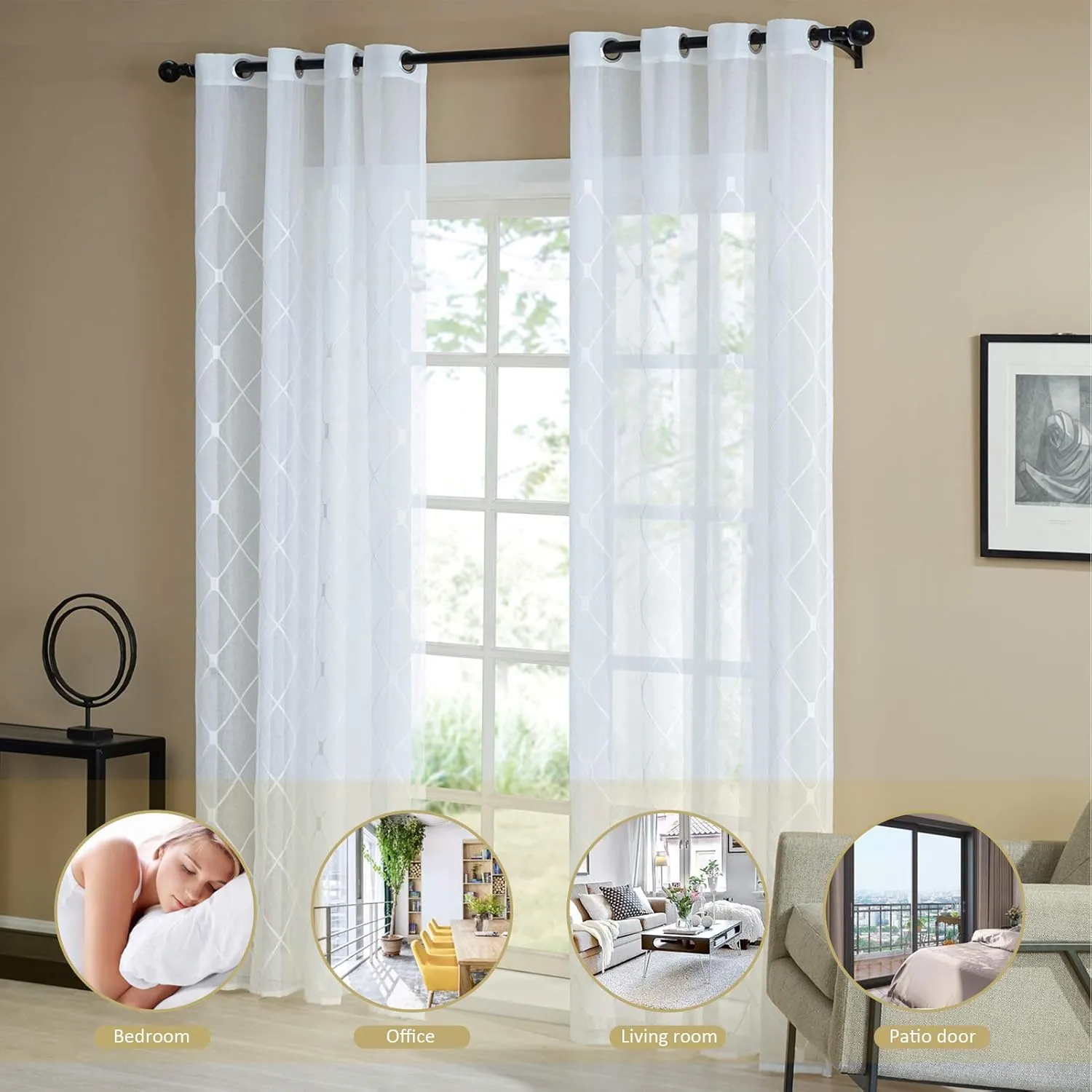 Top Finel Pure Sheer White Curtains 84 Inches Long for Bedroom 2 Panels,Snow-White Lightweight Soft Embroidered Diamond Grommet Window Curtains for Living Room 84 inch Length, Set of 2,54x84