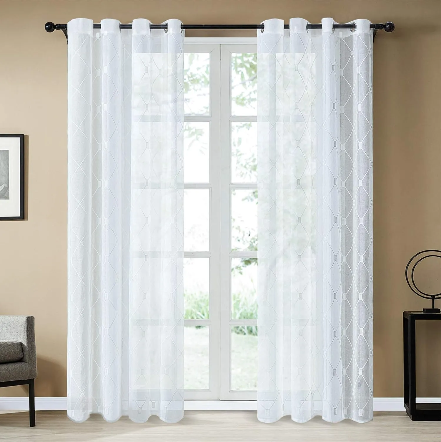 Top Finel Pure Sheer White Curtains 84 Inches Long for Bedroom 2 Panels,Snow-White Lightweight Soft Embroidered Diamond Grommet Window Curtains for Living Room 84 inch Length, Set of 2,54x84