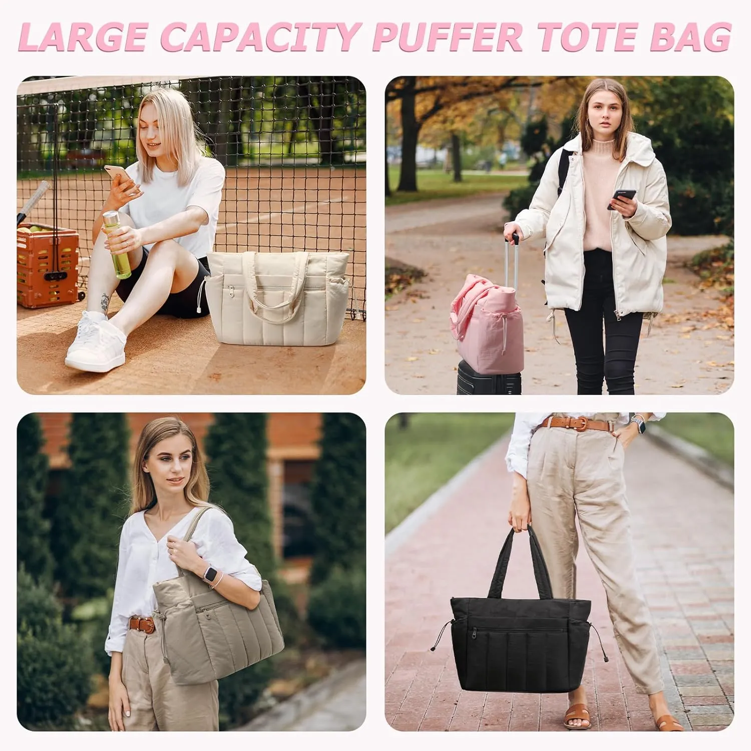 Tote Bag for Women, Lightweight Puffer Tote Bag with Compartments, Quilted Shoulder Bag Handbag with Zipper for Work
