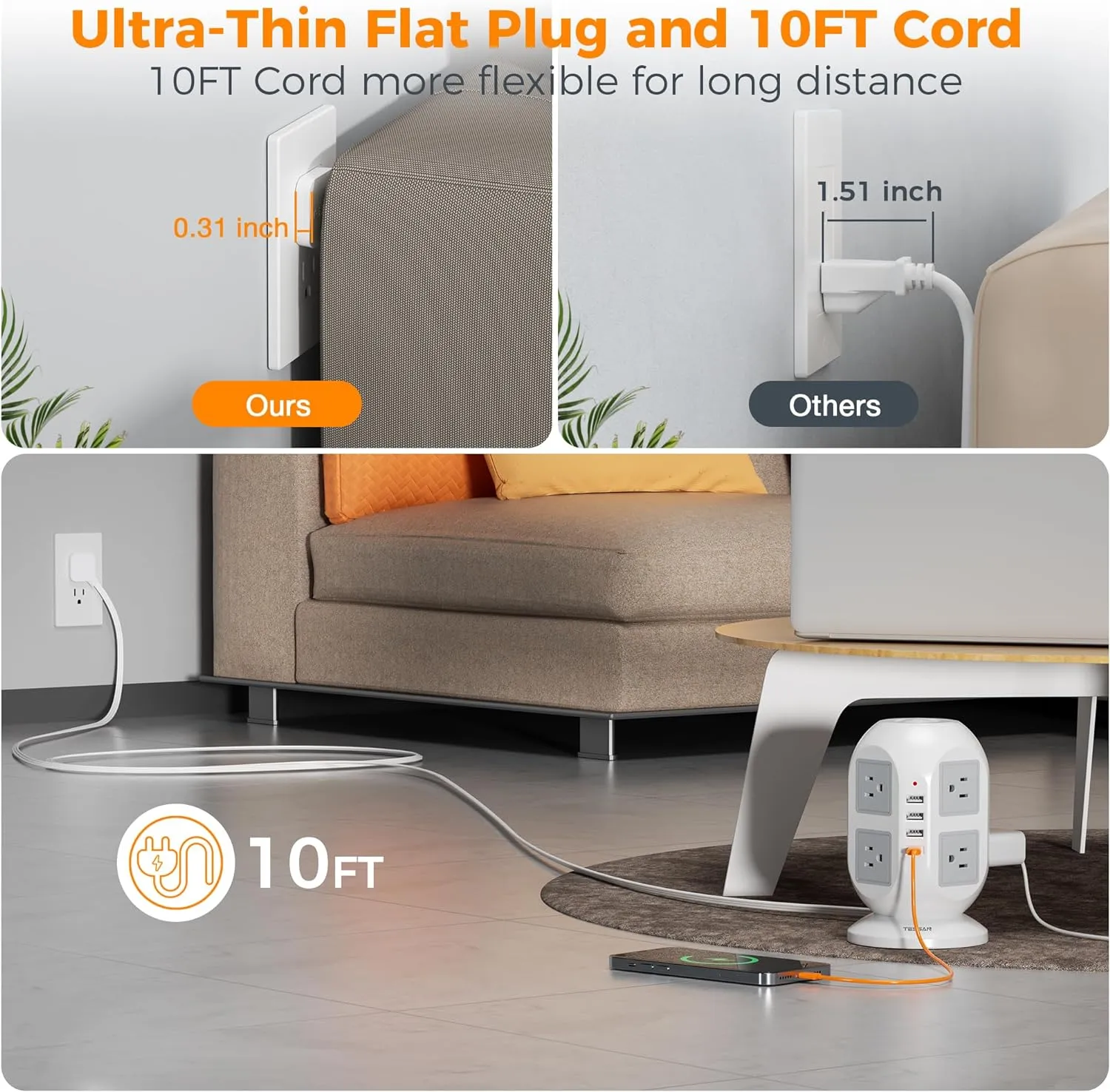 Tower Surge Protector Power Strip 10 ft, TESSAN Long Flat Extension Cord with Multiple Outlets, 8 AC Outlets with 4 USB Ports (1 USB C), Charging Station with Surge Protection, for Home Office Dorm