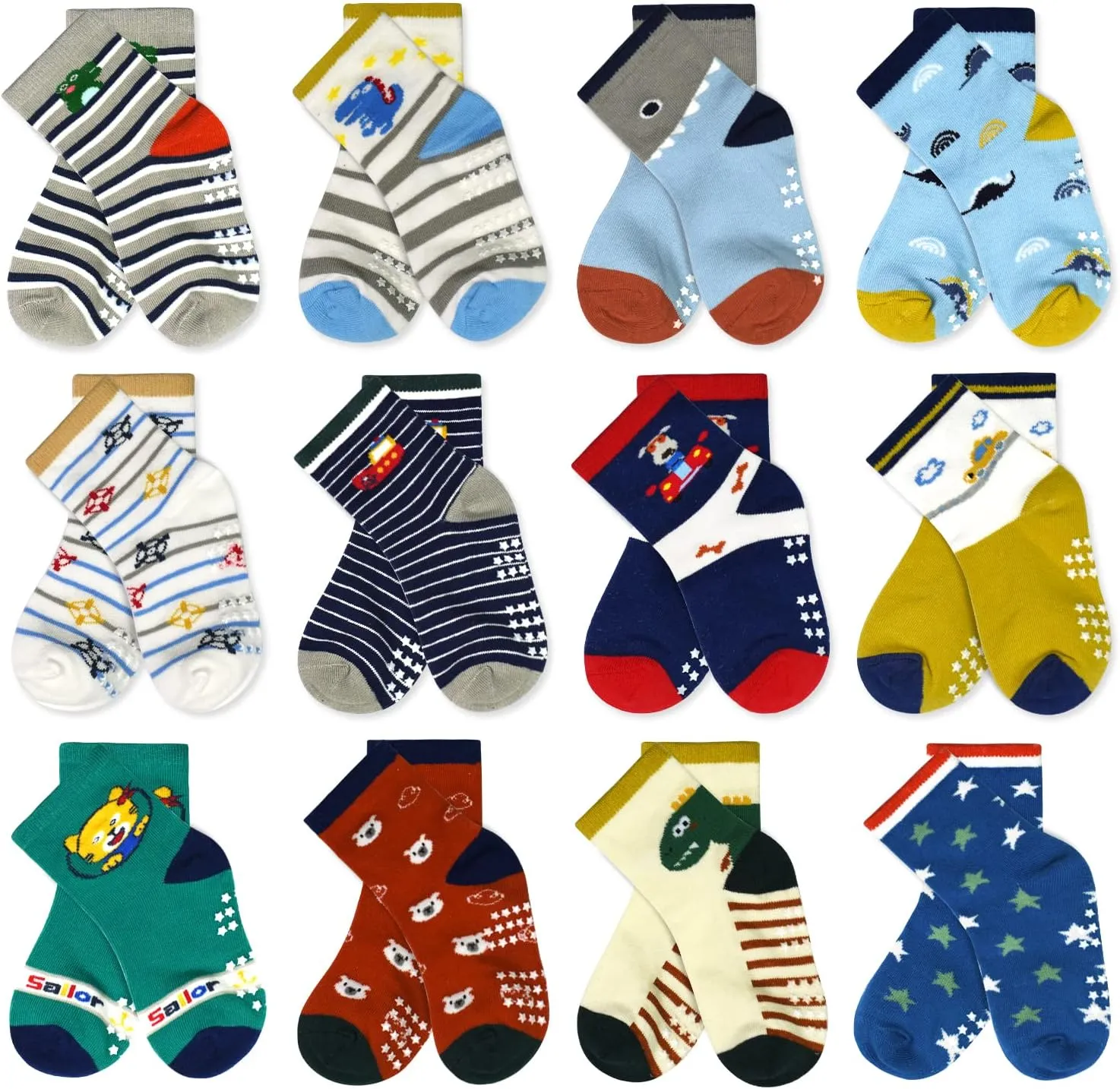 Tphon Non Slip Kids Toddler Socks with Gripper - 12 Pairs Anti Skid Socks for Boys & Girls, Ages 1-7