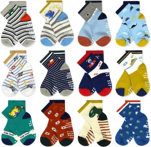 Tphon Non Slip Kids Toddler Socks with Gripper - 12 Pairs Anti Skid Socks for Boys & Girls, Ages 1-7
