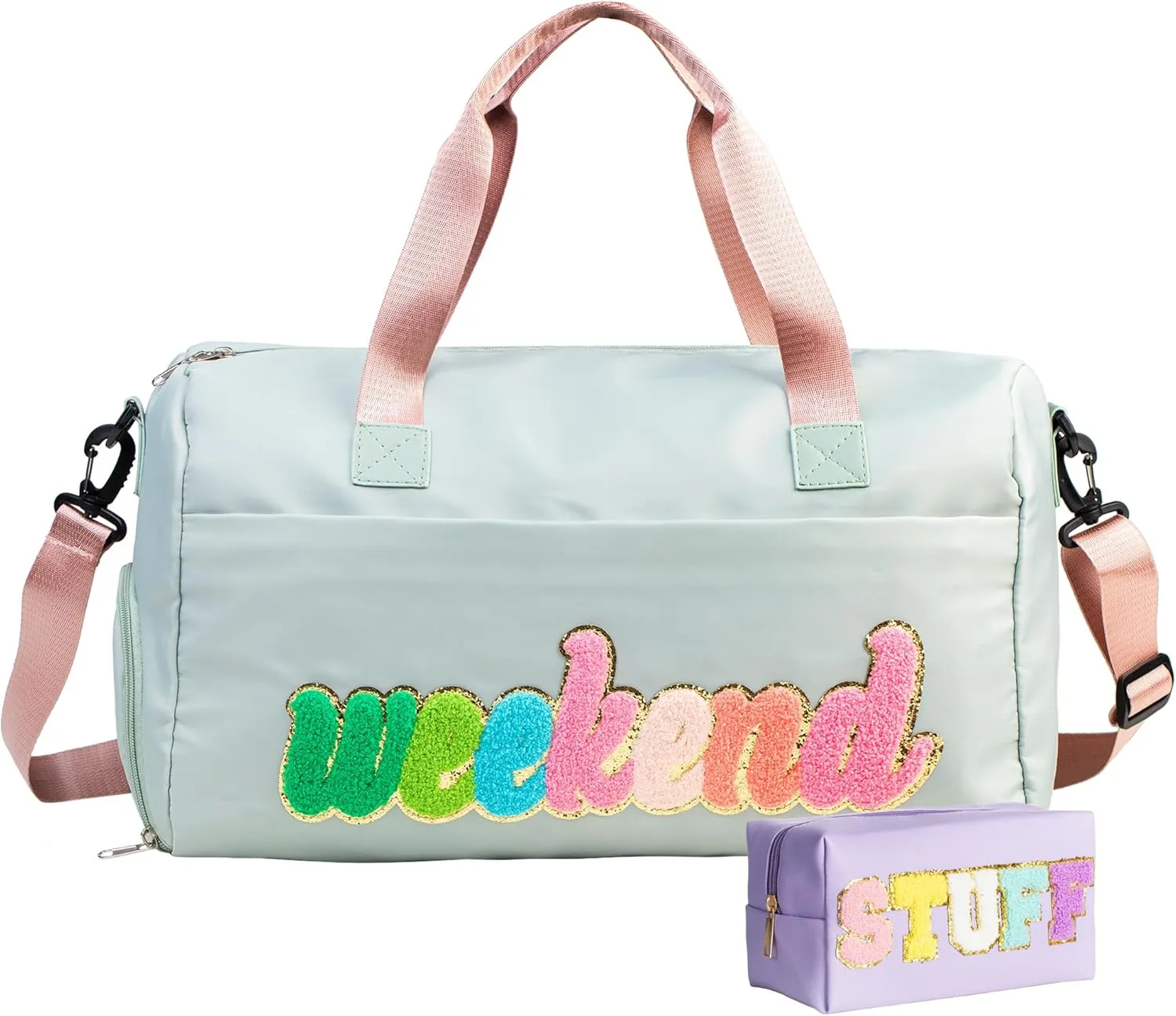 travel bag weekender bags for women sleepover bag overnight bag with shoe compartment duffel bag weekend bag gym bag hospital personal item with Toiletry Bag 2 pcs stuff Chenille Letter Preppy