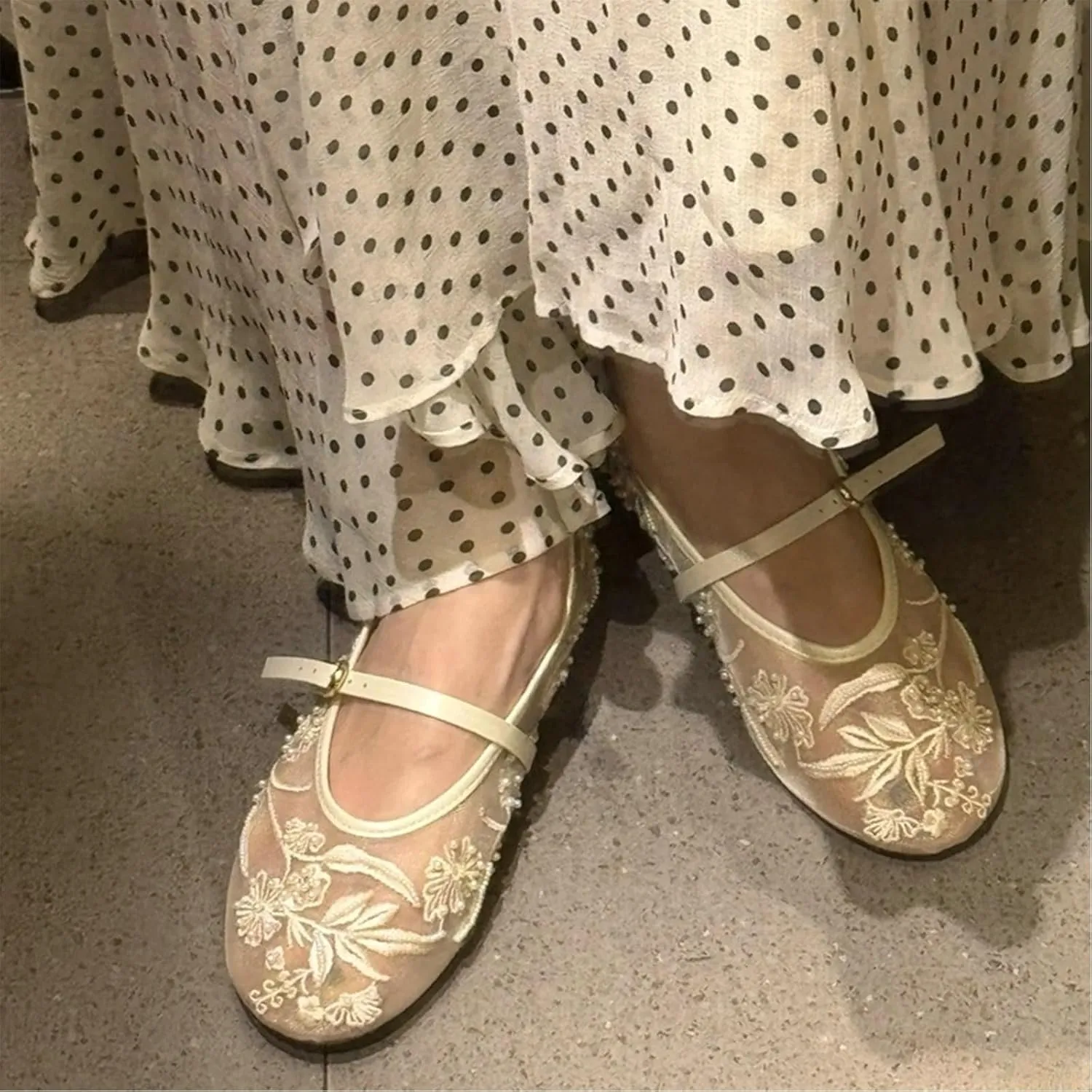 Trendenzy Womens Mesh Ballet Flats Shoes Embroidered Floral Mary Jane Flat Round Toe Ankle Strap Ballerina Shoes