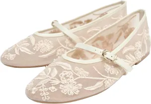 Trendenzy Womens Mesh Ballet Flats Shoes Embroidered Floral Mary Jane Flat Round Toe Ankle Strap Ballerina Shoes