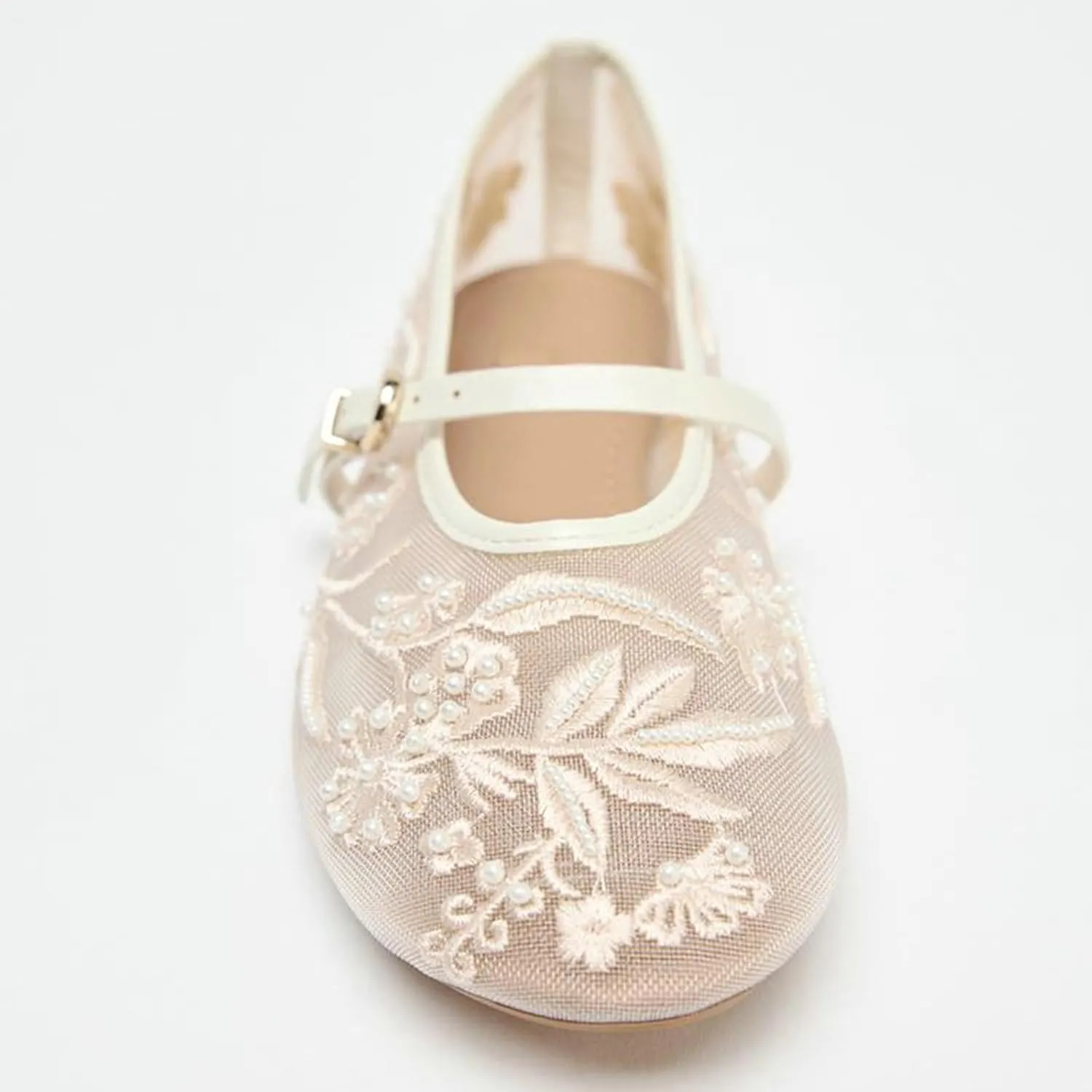 Trendenzy Womens Mesh Ballet Flats Shoes Embroidered Floral Mary Jane Flat Round Toe Ankle Strap Ballerina Shoes