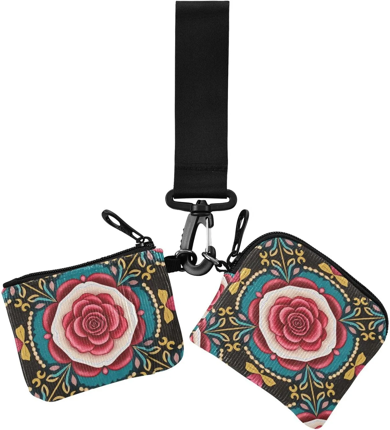 Trendy Rose Floral Colorful Black Boho Women's Coin Wallet Card Holder Thin Flat Zipper Coin Purse Wallet with Zipper Coin Pocket for Work Travel 2 Packs