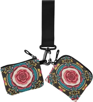 Trendy Rose Floral Colorful Black Boho Women's Coin Wallet Card Holder Thin Flat Zipper Coin Purse Wallet with Zipper Coin Pocket for Work Travel 2 Packs