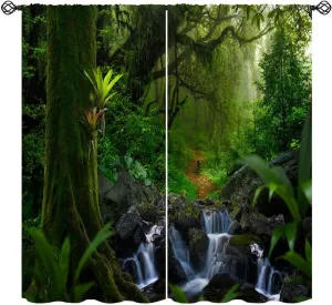 Tropical Jungle Stream Landscape Curtains, Spring Scenery Nature Print 3D Window Thermal Blackout Rod Pocket Window Treatment for Living Bedroom Office Cafe Kitchen Drapes 42" W X 54" L