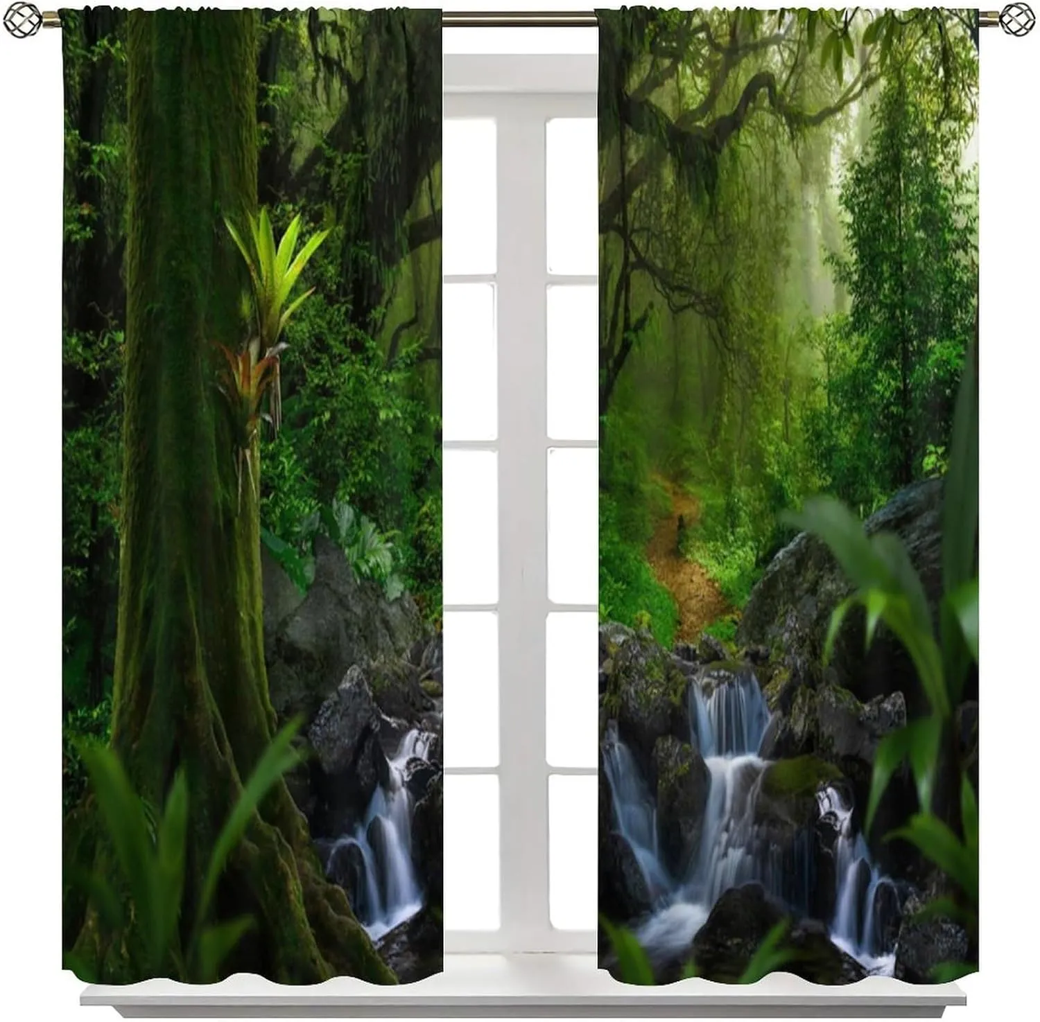 Tropical Jungle Stream Landscape Curtains, Spring Scenery Nature Print 3D Window Thermal Blackout Rod Pocket Window Treatment for Living Bedroom Office Cafe Kitchen Drapes 42" W X 54" L