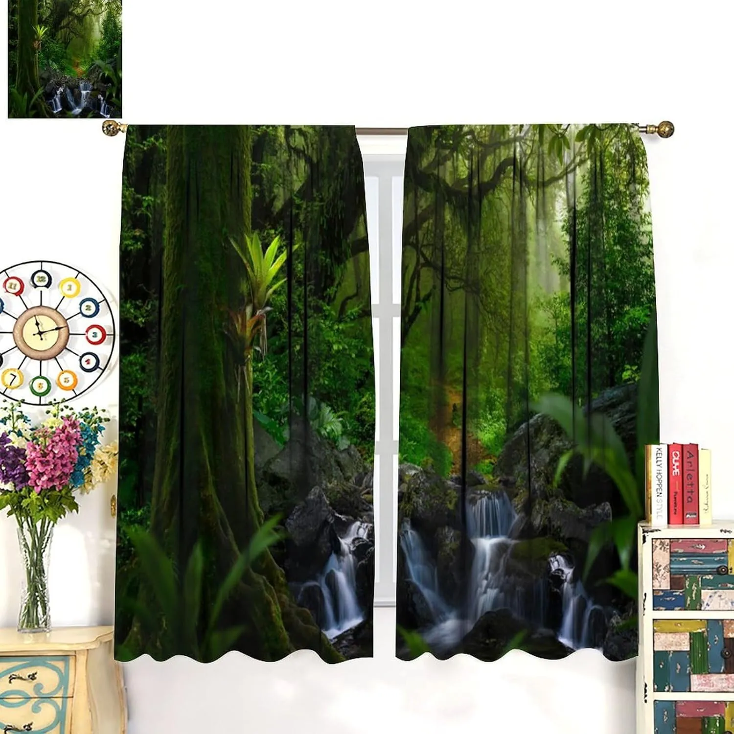 Tropical Jungle Stream Landscape Curtains, Spring Scenery Nature Print 3D Window Thermal Blackout Rod Pocket Window Treatment for Living Bedroom Office Cafe Kitchen Drapes 42" W X 54" L