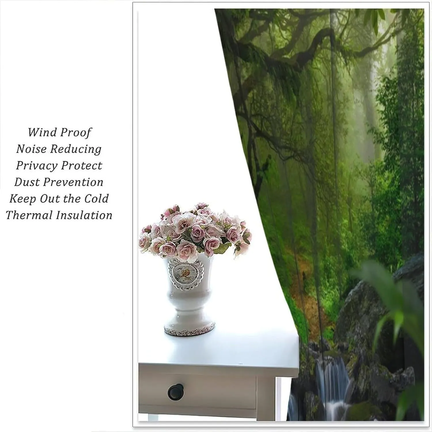 Tropical Jungle Stream Landscape Curtains, Spring Scenery Nature Print 3D Window Thermal Blackout Rod Pocket Window Treatment for Living Bedroom Office Cafe Kitchen Drapes 42" W X 54" L