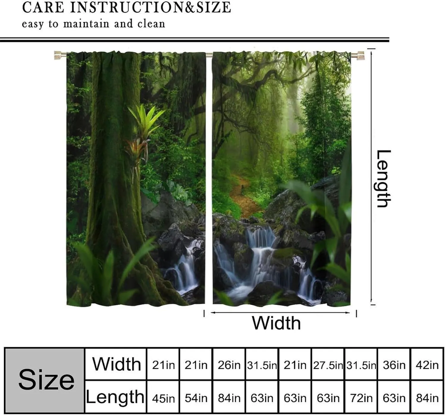 Tropical Jungle Stream Landscape Curtains, Spring Scenery Nature Print 3D Window Thermal Blackout Rod Pocket Window Treatment for Living Bedroom Office Cafe Kitchen Drapes 42" W X 54" L