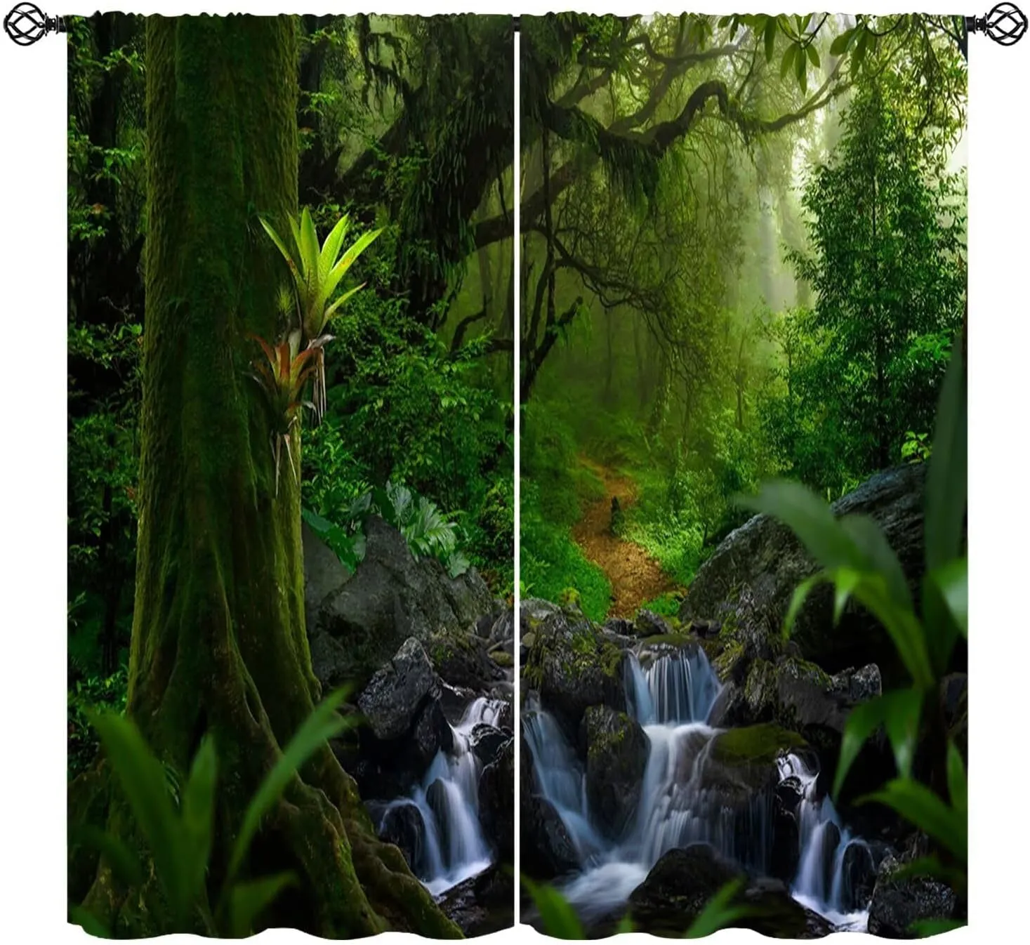 Tropical Jungle Stream Landscape Curtains, Spring Scenery Nature Print 3D Window Thermal Blackout Rod Pocket Window Treatment for Living Bedroom Office Cafe Kitchen Drapes 42" W X 54" L