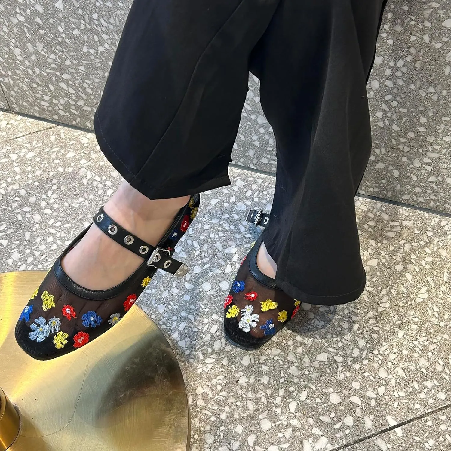 Tulle Mesh Ballet Flats for Women Slingback Square Toe Buckle Strap Slip On Fishnet Ballerina Shoes Casual Comfortable Dress Mary Jane Flat Sandals Leather