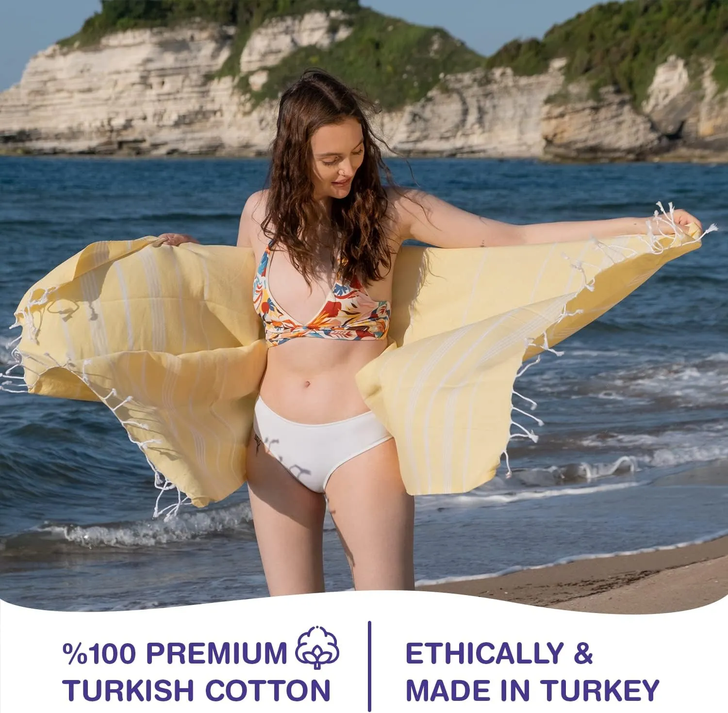 Turkish Beach Towels, Bulk Case of 24 | Oversized, Quick Dry, Sand Free | 100% Cotton, Large 38x71 Towels for Beach, Pool, Travel | Ultra-Soft, Compact, Absorbent | Yellow