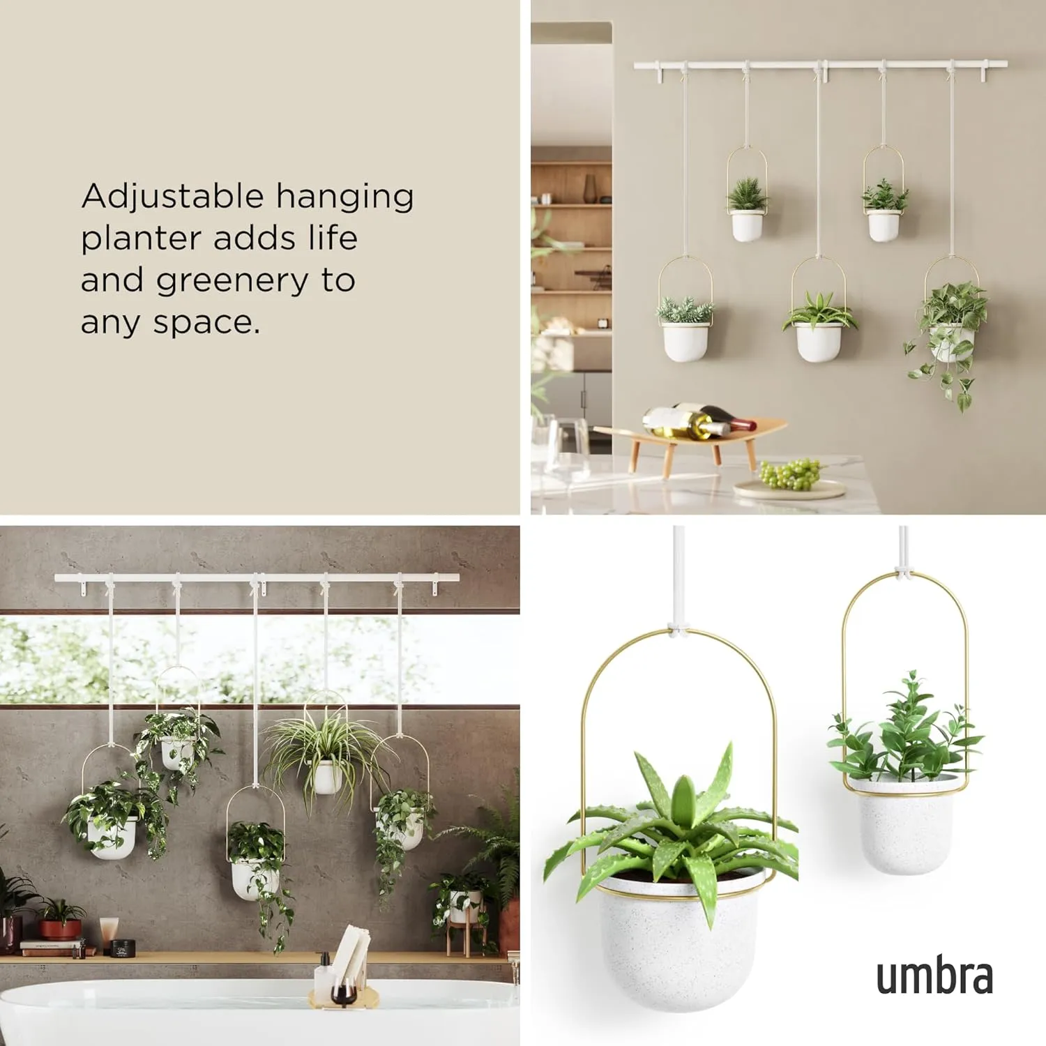 Umbra Triflora Hanging Planter, Set of 5, White/Brass
