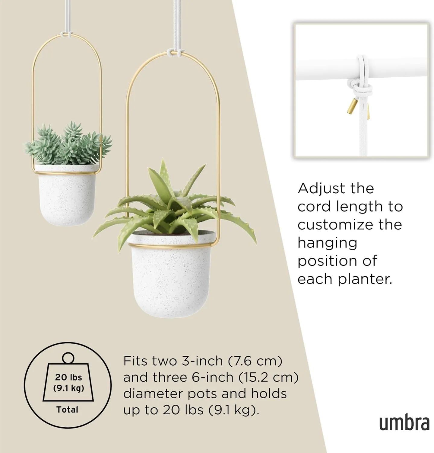 Umbra Triflora Hanging Planter, Set of 5, White/Brass