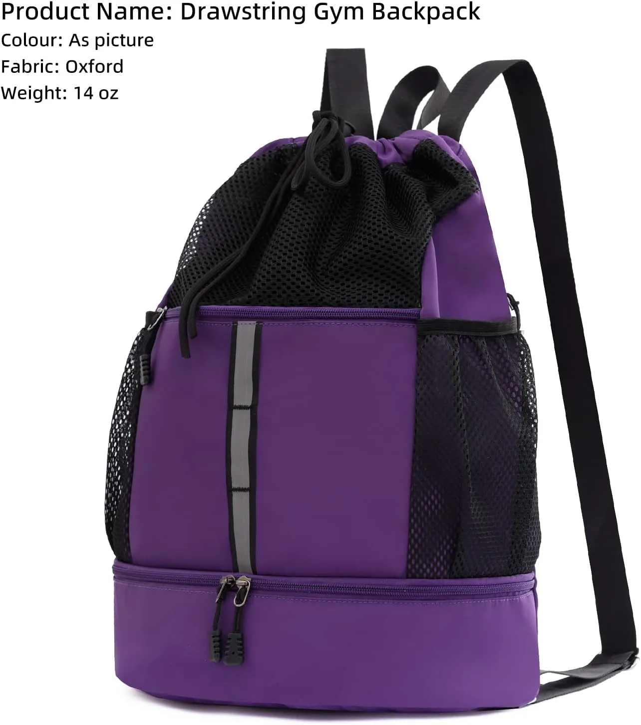 Valleycomfy Drawstring Gym Bag Sports Backpack With Shoe Compartment and Reflective Strips Purple