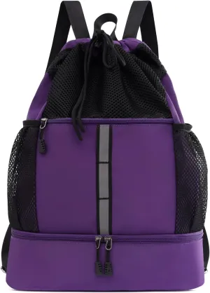 Valleycomfy Drawstring Gym Bag Sports Backpack With Shoe Compartment and Reflective Strips Purple