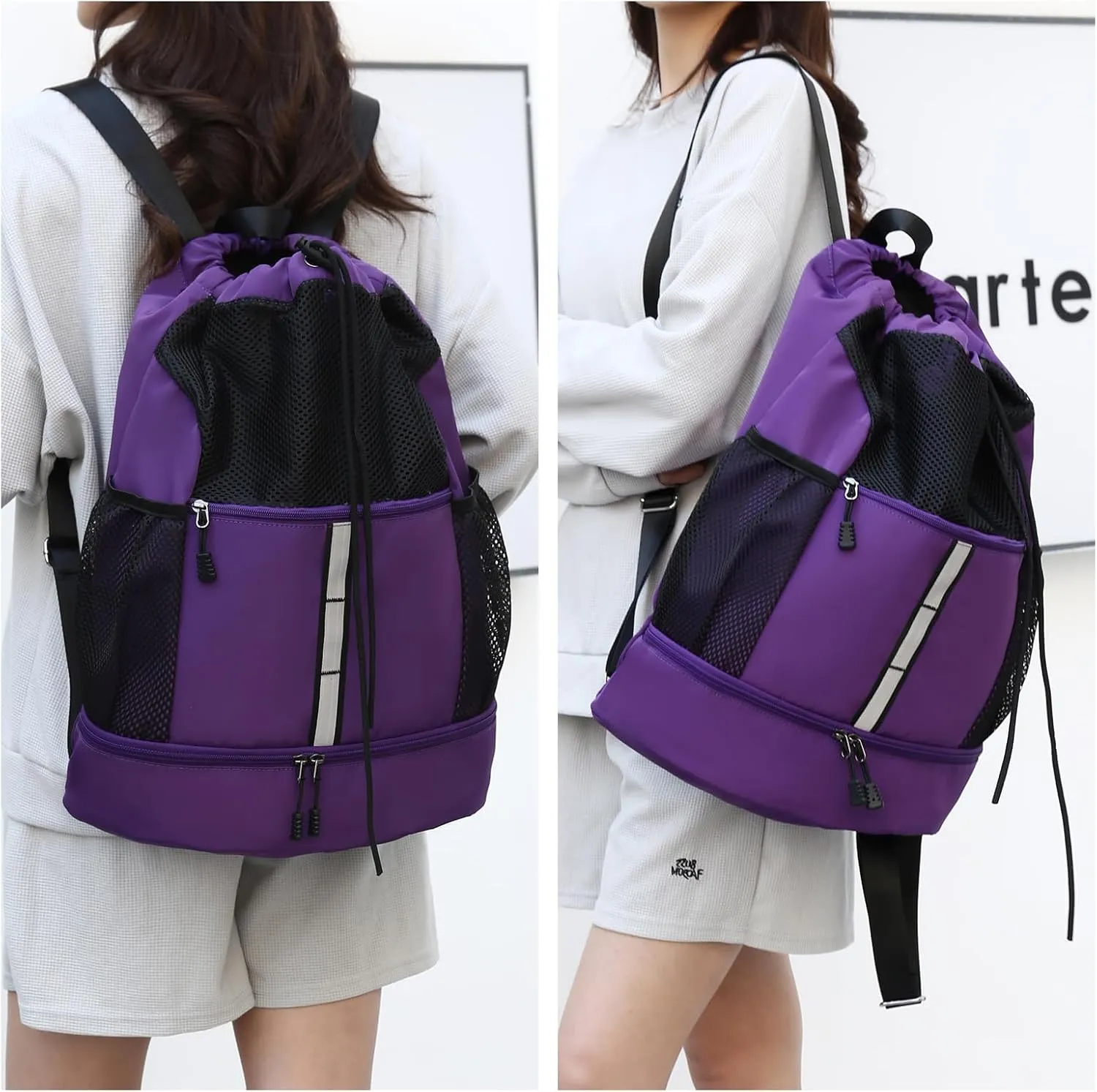 Valleycomfy Drawstring Gym Bag Sports Backpack With Shoe Compartment and Reflective Strips Purple