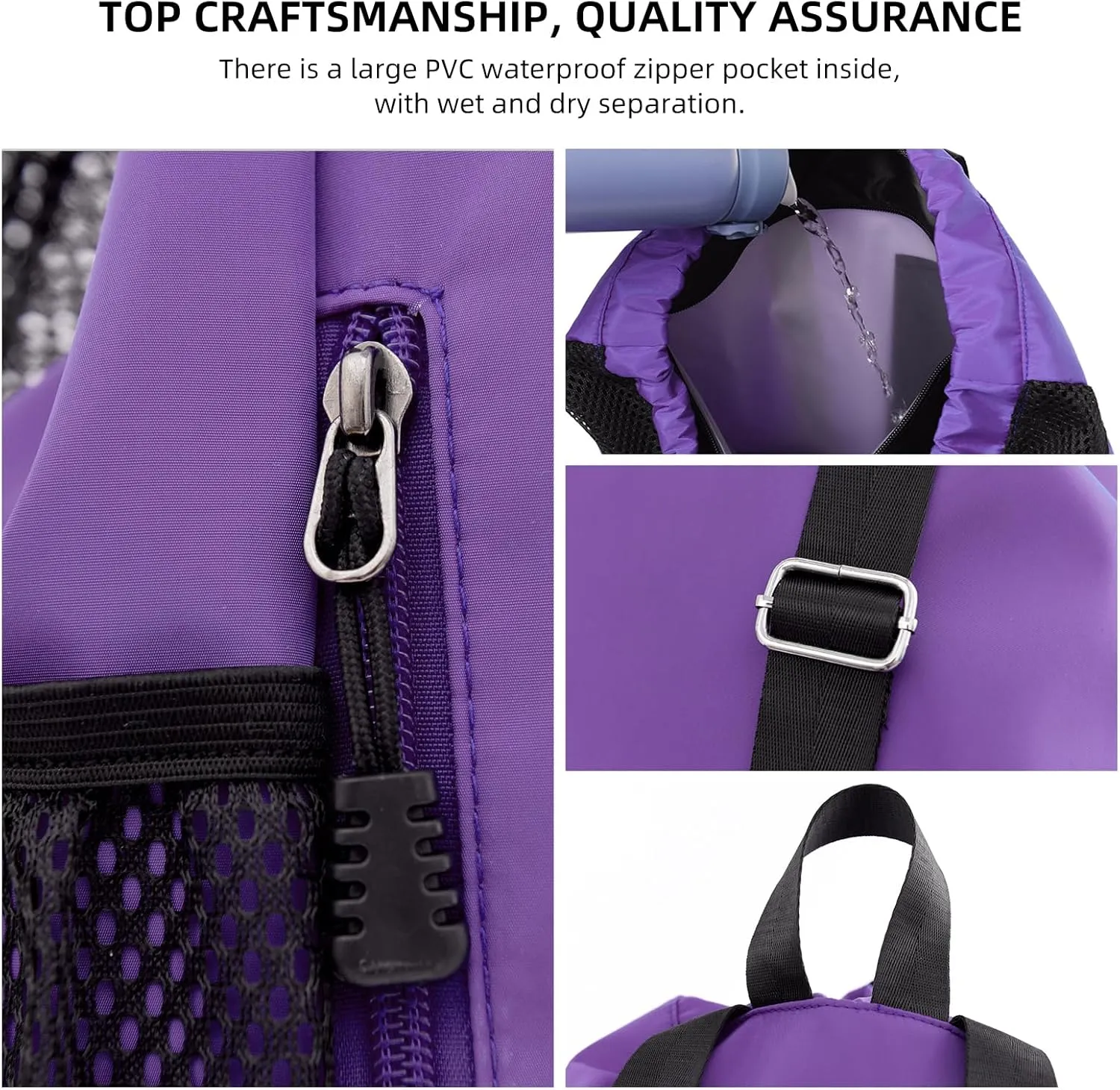 Valleycomfy Drawstring Gym Bag Sports Backpack With Shoe Compartment and Reflective Strips Purple