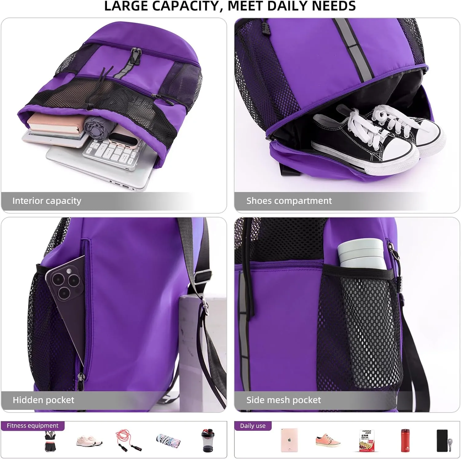 Valleycomfy Drawstring Gym Bag Sports Backpack With Shoe Compartment and Reflective Strips Purple