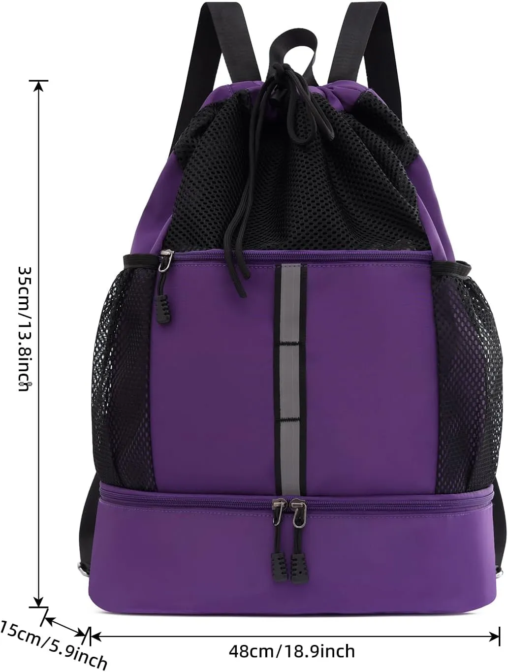 Valleycomfy Drawstring Gym Bag Sports Backpack With Shoe Compartment and Reflective Strips Purple