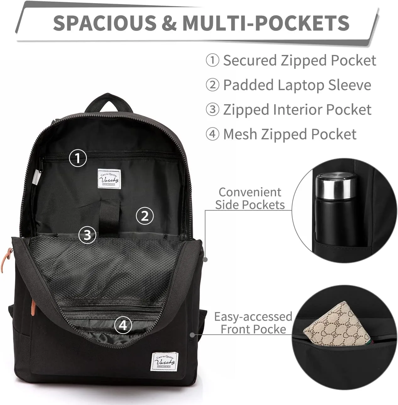 VASCHY School Backpack, Unisex Slim Lightweight Water-resistant Backpack for Men Women College Schoolbag Travel Bookbag