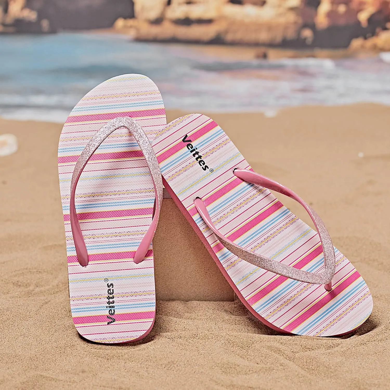 Veittes Women's Flip Flops Sandals, Soft Beach Pool Colorful Pattern Printing Slide Shoes.