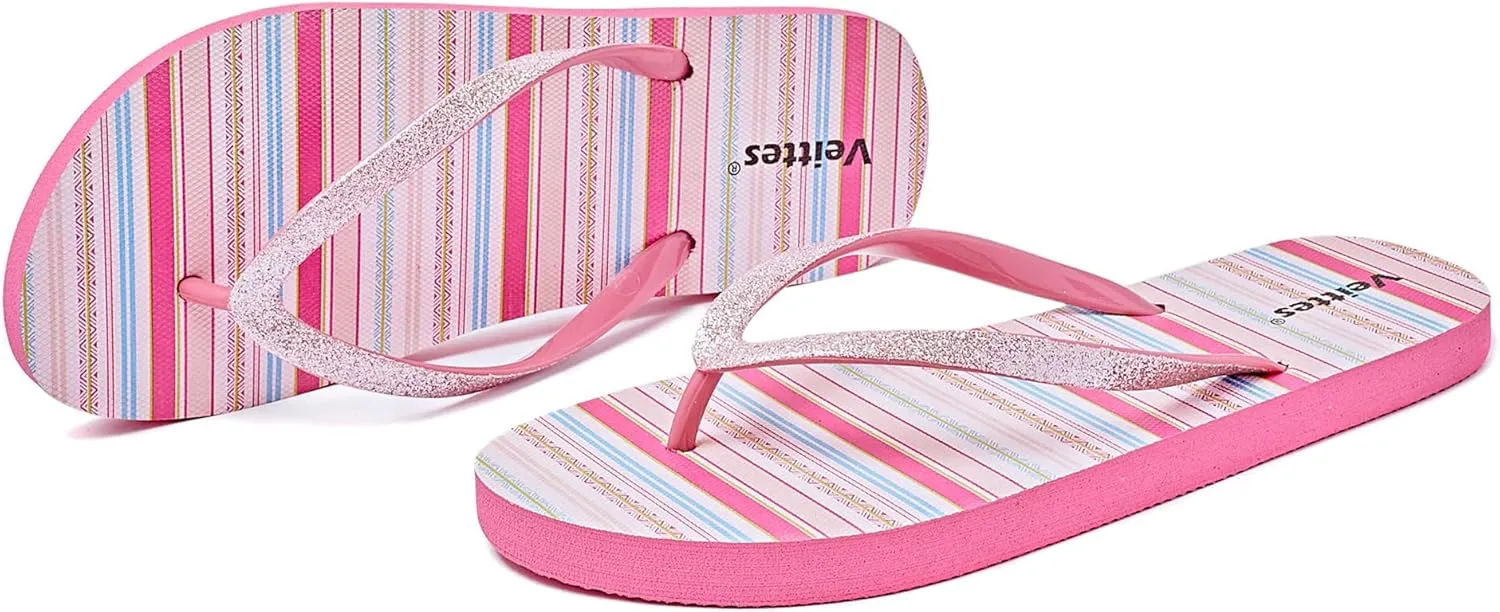 Veittes Women's Flip Flops Sandals, Soft Beach Pool Colorful Pattern Printing Slide Shoes.