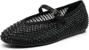 Vertundy Women's Mesh Ballet Flat Shoes with Rhinestone Round Toe Slip On Strap Buckle Causal Dress Crystal Fishnet Ballerina Shoes Ladies
