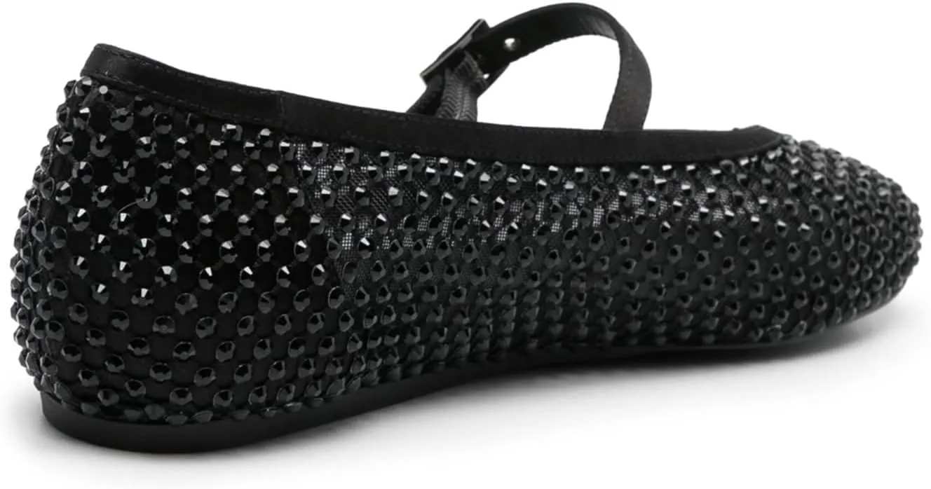 Vertundy Women's Mesh Ballet Flat Shoes with Rhinestone Round Toe Slip On Strap Buckle Causal Dress Crystal Fishnet Ballerina Shoes Ladies