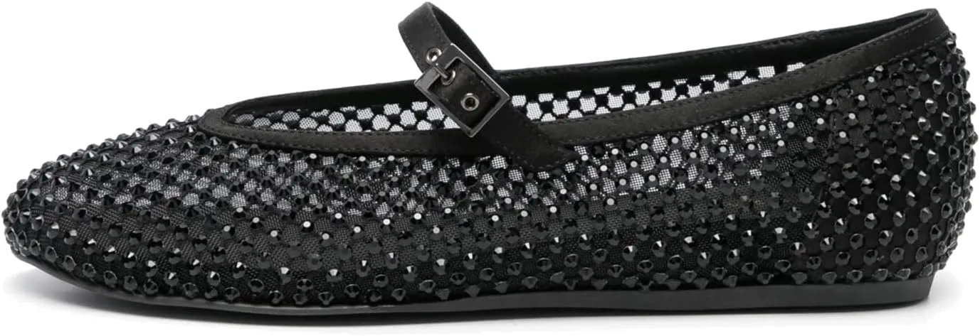 Vertundy Women's Mesh Ballet Flat Shoes with Rhinestone Round Toe Slip On Strap Buckle Causal Dress Crystal Fishnet Ballerina Shoes Ladies