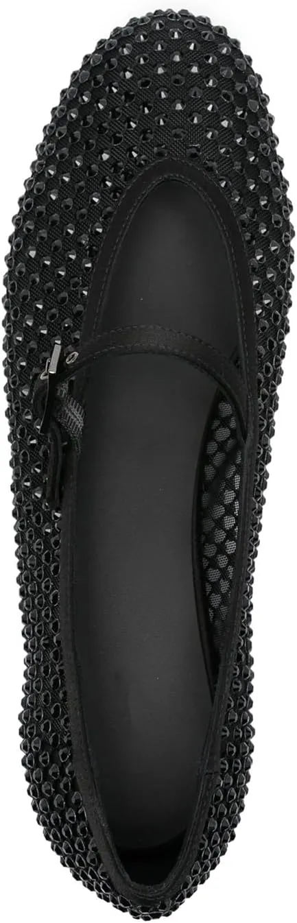 Vertundy Women's Mesh Ballet Flat Shoes with Rhinestone Round Toe Slip On Strap Buckle Causal Dress Crystal Fishnet Ballerina Shoes Ladies