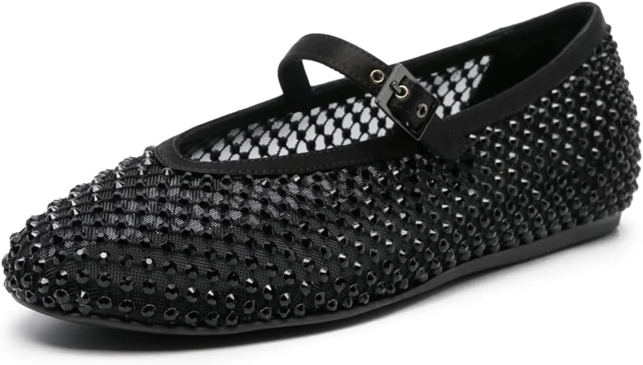 Vertundy Women's Mesh Ballet Flat Shoes with Rhinestone Round Toe Slip On Strap Buckle Causal Dress Crystal Fishnet Ballerina Shoes Ladies