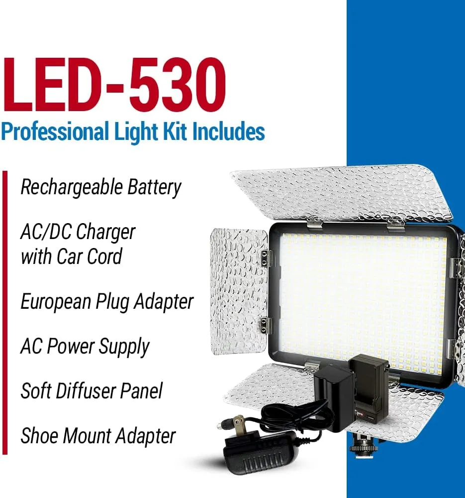 Vidpro LED-530 Photo and Video Light Kit - On Camera Panel LED Light - Adjustable and Dimmable 3200K-5600K Variable Color Light Fits Cameras w/Hot Shoe Includes Rechargeable Battery Diffuser