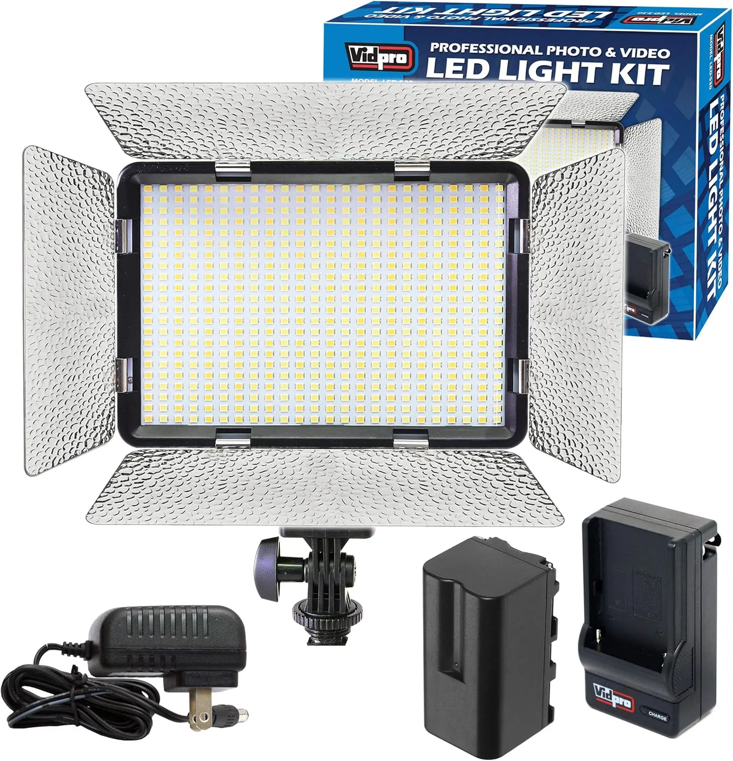 Vidpro LED-530 Photo and Video Light Kit - On Camera Panel LED Light - Adjustable and Dimmable 3200K-5600K Variable Color Light Fits Cameras w/Hot Shoe Includes Rechargeable Battery Diffuser